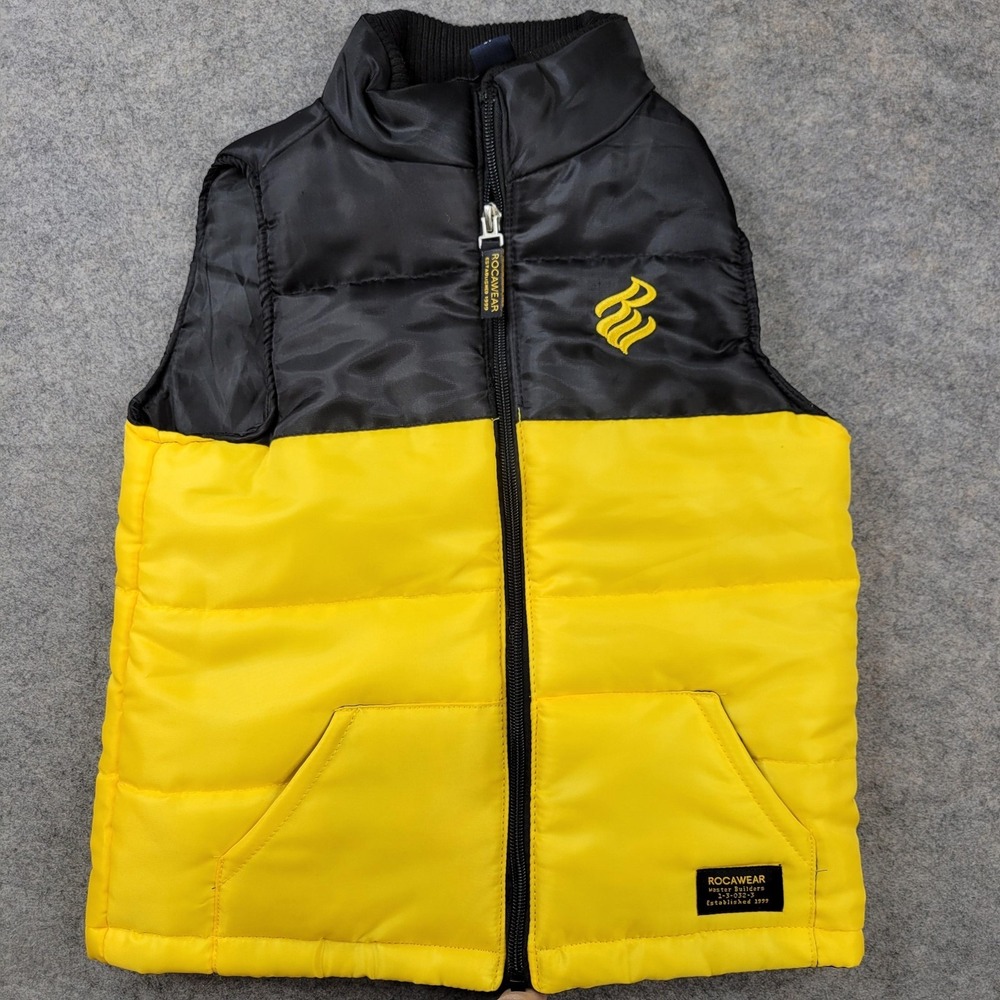 Rocawear Vest Kids 4T Yellow Black Puffer Zip Colorblock Logo Sleeveless Jacket